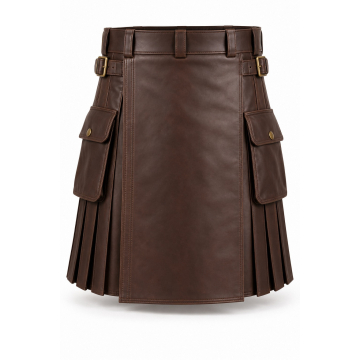 Leder-Utility-Kilt mit Cargotaschen nach Mass - Vollständige Vorderansicht und zwei Cargotaschen