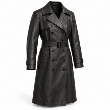 Men's Double-Breasted Leather Trench Coat - Complete front view