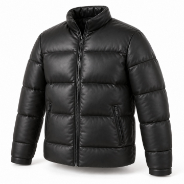 Men's Leather Down Puffer Jacket - Complete front view