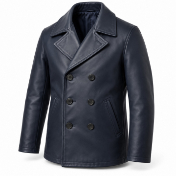 Men's Leather Naval Peacoat - Complete front view