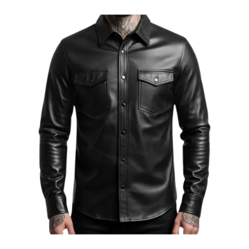 Schwarzes Herren-Lederhemd mit Steppdetails - Ansicht 1