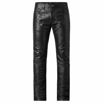 Men's Black Leather Biker Pants – Front View with Straight Leg Design
