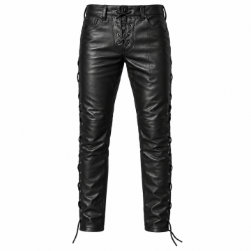 Men's black leather lace-up pants with gothic biker design and full-length side lacing – front view
