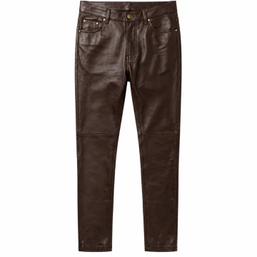 Men's Dark Brown Leather Biker Pants – Front View with Straight Leg Design