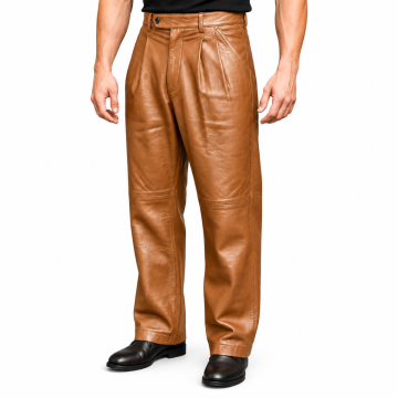 Men’s Tan Brown Leather Pants – Vintage Pleated Trousers