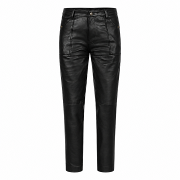 Men's Vintage Black Leather Rock & Roll Pants – Front View with Slim Straight Leg Design