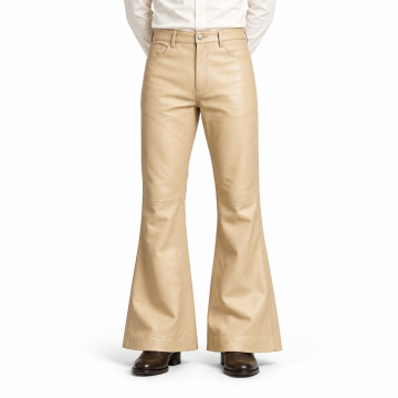 Men's Beige Flared Leather Pants - front view