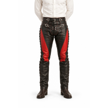 Men's Black and Red Harness Leather Pants - front view