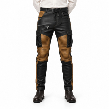 Men's Black and Tan Ribbed Cargo Leather Pants - front view
