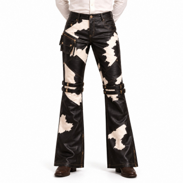 Men's Black and White Western Buckle Leather Pants - front view