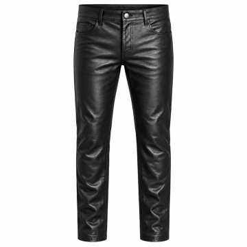 Men's black cowhide leather pants with five-pocket styling and classic straight-leg fit
