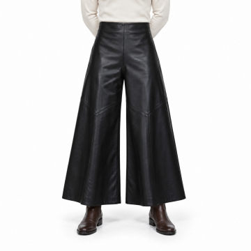Men's Black High-Waist Wide-Leg Leather Pants - front view