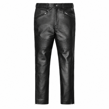 Men's black leather biker pants with ribbed thigh panels and zipper pockets