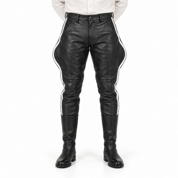 Men's Black Leather Breeches with Double White Side Stripes - front view
