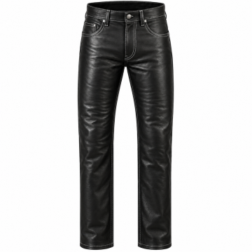 Men's black leather pants with white contrast stitching and straight-leg design – front view