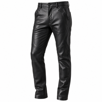 Men's black leather pants with geometric stitched thigh and knee panels, angled pockets and straight-leg fit