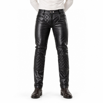 Men's Black Quilted Rear-Zip Leather Pants - front view