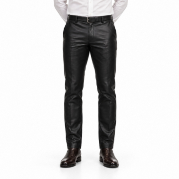 Men's Black Tailored Slim-Fit Leather Trousers - front view
