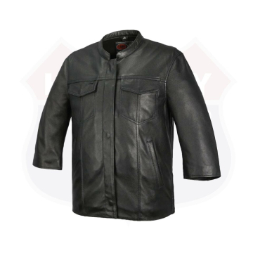 Schwarzes Schafsleder-Overshirt mit Dreiviertelärmeln - Ansicht 1