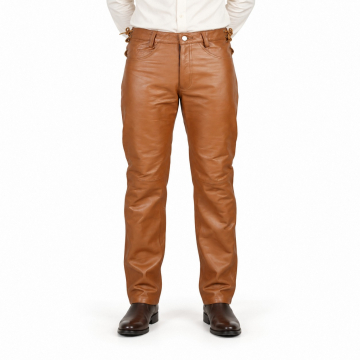 Men's Brown Leather Jeans with Waist Side Lacing - front view