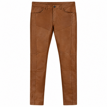 Close-up of cognac brown leather pants with button fastening, belt loops and curved front pocket