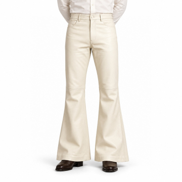 Men's Cream Flared Leather Pants - front view