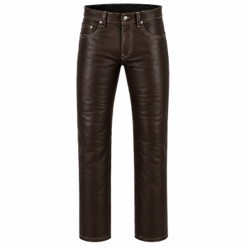 Men's dark brown leather pants featuring contrast stitching, five-pocket styling and straight-leg fit – front view