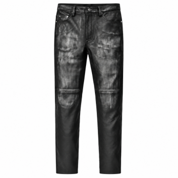 Men's maroon lambskin leather biker pants with ribbed knees and brass zipper pockets