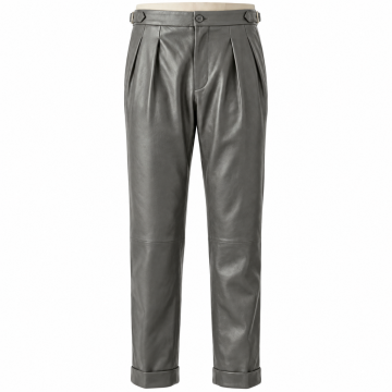 Man wearing gray Nappa leather Gurkha pants with side waist adjusters and cuffed hems