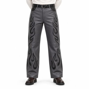 Men's Grey Flame-Panel Leather Pants - front view
