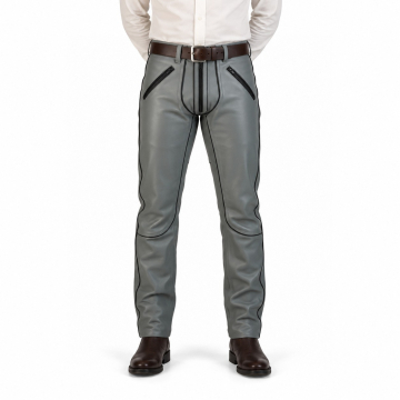 Men's Grey Leather Pants with Black Piping - front view