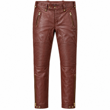 Men's maroon lambskin leather biker pants with ribbed knees and brass zipper pockets