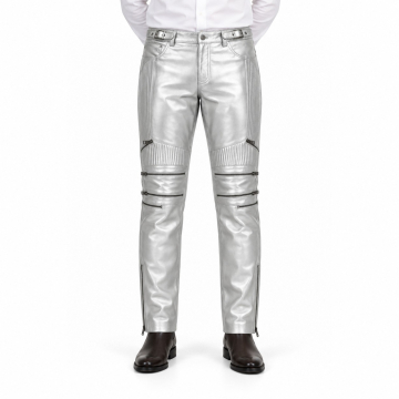 Men's Metallic Silver Multi-Zip Leather Pants - front view