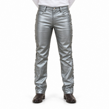 Men's Metallic Silver Side-Lace Leather Jeans - front view