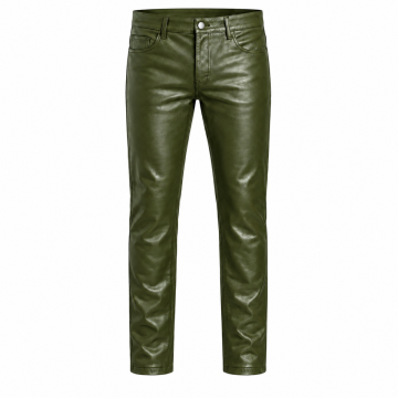 Men's olive green cowhide leather pants with button closure, belt loops and front pockets