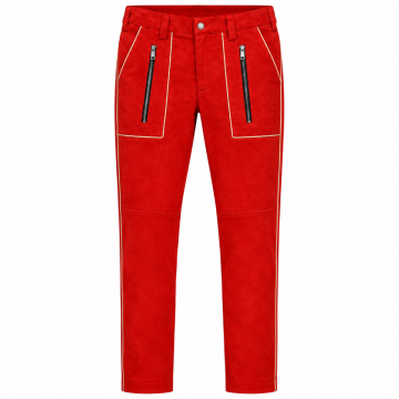 Men's red suede Moto Rally leather pants with cream piping and front zipper pockets