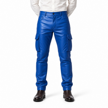 Men's Royal Blue Leather Cargo Pants - front view