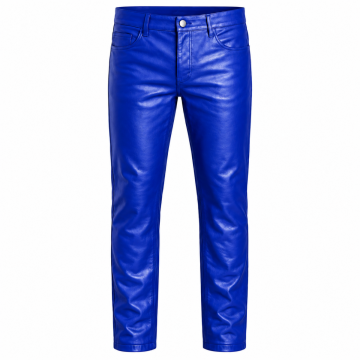 Men's royal blue leather pants with metal button, belt loops and front pockets