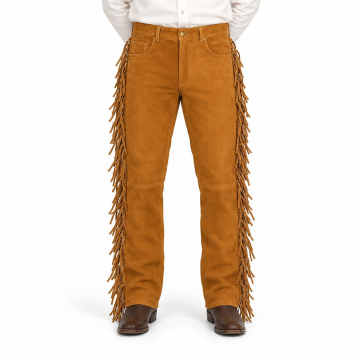 Men's Tan Suede Fringe Leather Pants - front view