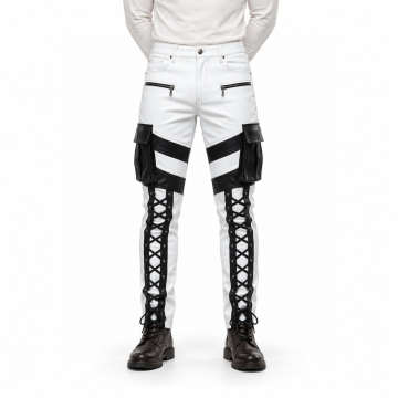 Men's White and Black Lace-Up Leather Cargo Pants - front view