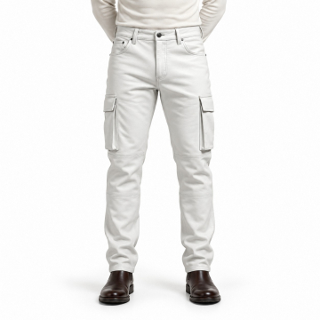 Men's White Leather Cargo Pants - front view