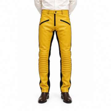 Men's Yellow and Black Ribbed Leather Pants - front view