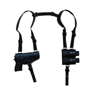 Horizontales Schulterholster aus schwarzem Leder mit Doppelmagazintasche (Gurtband-Tragesystem)