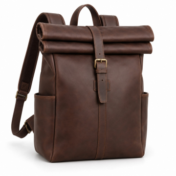 Leder-Reiserucksack mit Rollverschluss - Rollverschluss und einzelne Frontschnalle
