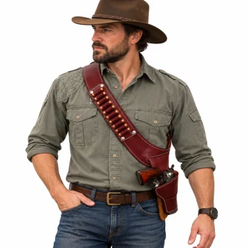 Burgundy Leather Western Shoulder Holster with Ammo Bandolier