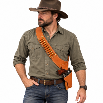 Brown Leather Western Shoulder Holster with Ammo Bandolier