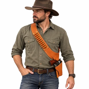 Brown Leather Western Shoulder Holster with Ammo Bandolier
