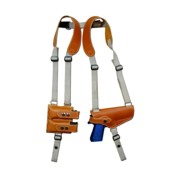 Handgefertigtes vertikales Schulterholster aus hellbraunem Leder mit Doppelmagazintasche (Gurtband-Tragesystem)