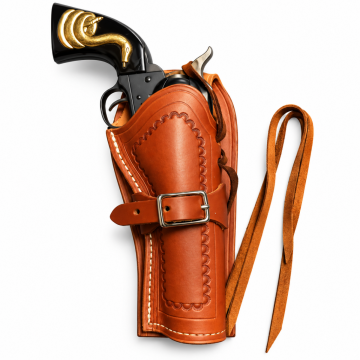 Brown leather OWB slide holster with integrated magazine pouch and embossed US design, front view