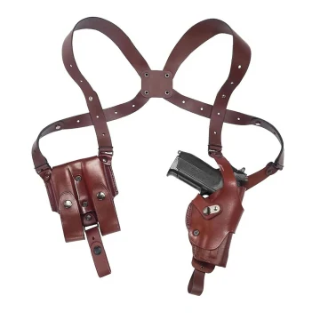 Vertikales Roto Schulterholster aus braunem Leder mit Doppelmagazintasche (Stahl-Thumb-Break-Sicherung)